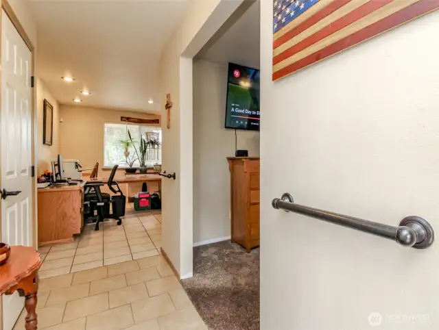 Entry way has sturdy hand rails