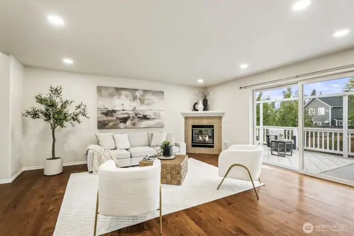 Gas fireplace and easy access to the new oversized deck
