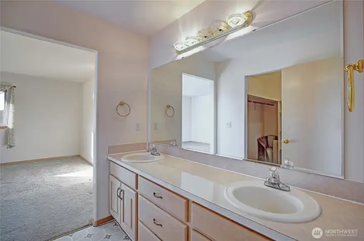 Primary bathroom ensuite with dual vanity, shower, bath tub and a walk in closet..