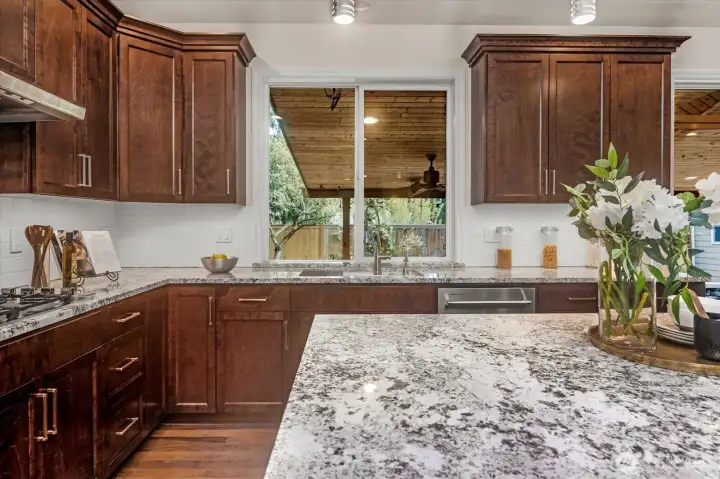 The granite used for the updated kitchen is stunning.