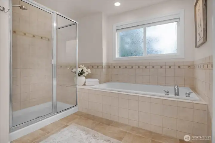 Expansive tub and shower space.