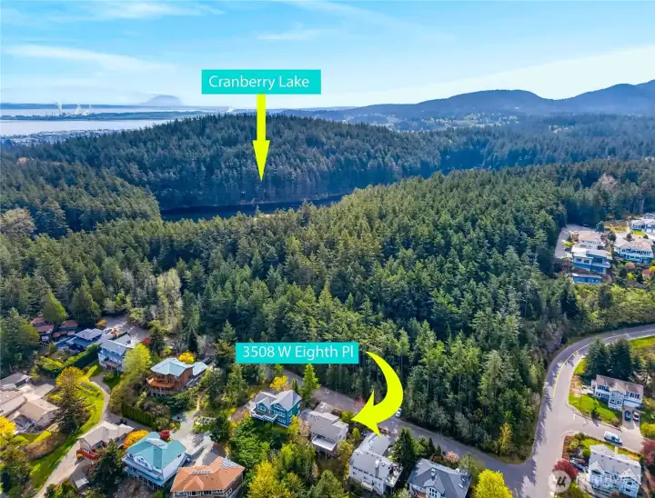 The trailhead is just at the end of West 8th, and a two-minute hike to Little Cranberry Lake and swimming or hiking!  More than 50 miles of trails are connected through the Anacortes Community Forestlands and other trails  Bikes, horses, humans!