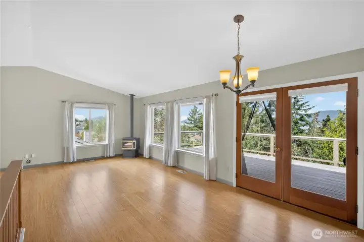 French doors lead to the huge floating deck.