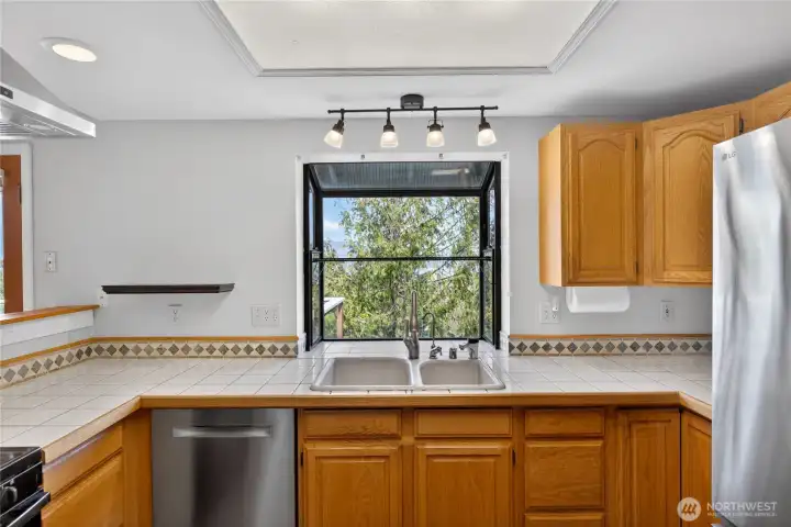 Kitchen garden window above sink.