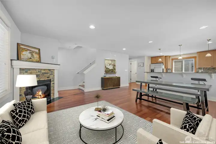 Virtually staged photo of living room to dining room