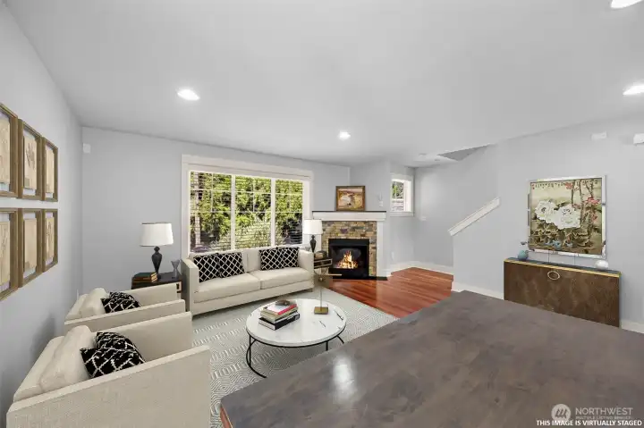 Virtually staged photo of dining to living
