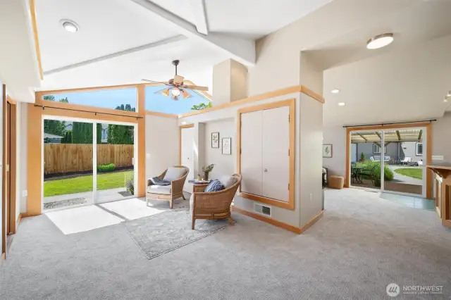 Main house family with vaulted ceilings and ceiling fan