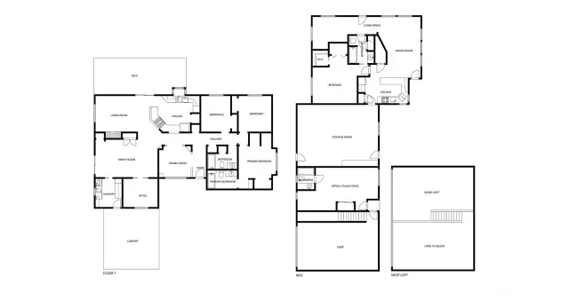 Layout of main house, guest house/ADU and shop