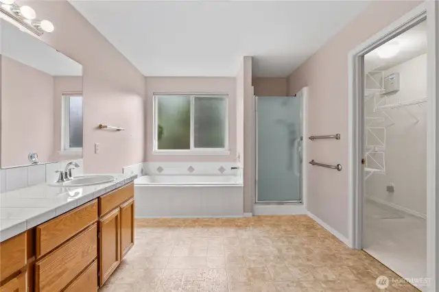 Primary En Suite Bath showing access to walk-in closet. WC is not shown in this photo.