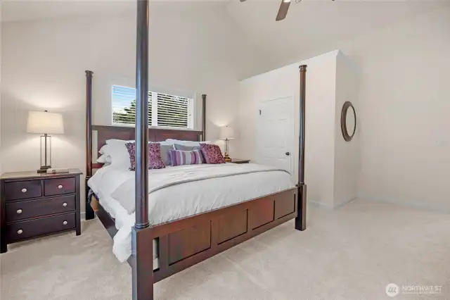The primary suite is large, has vaulted ceilings, a WIC and a ceiling fan.