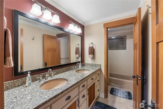 Double sink cabinet with drawers down & bath/shower/toilet in back!