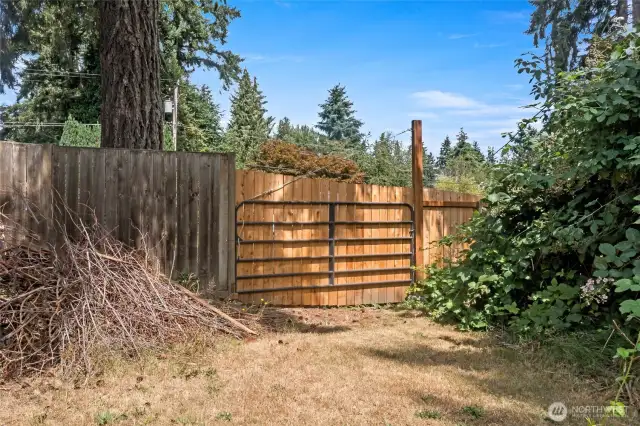 Large gate allows access from the street through the side front yard to the back yard.