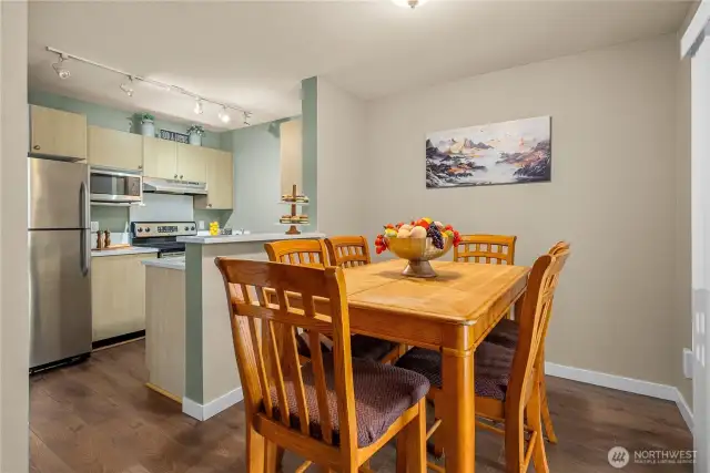 Dining space and kitchen.