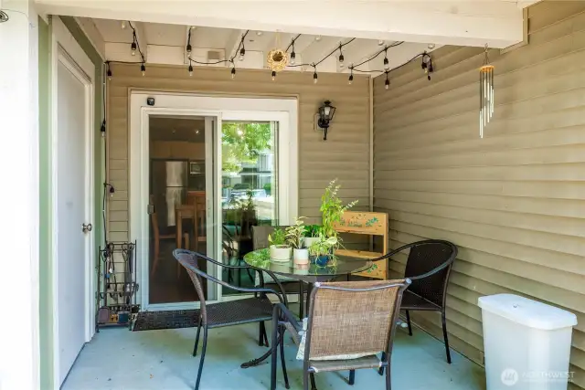 Covered patio with storage.