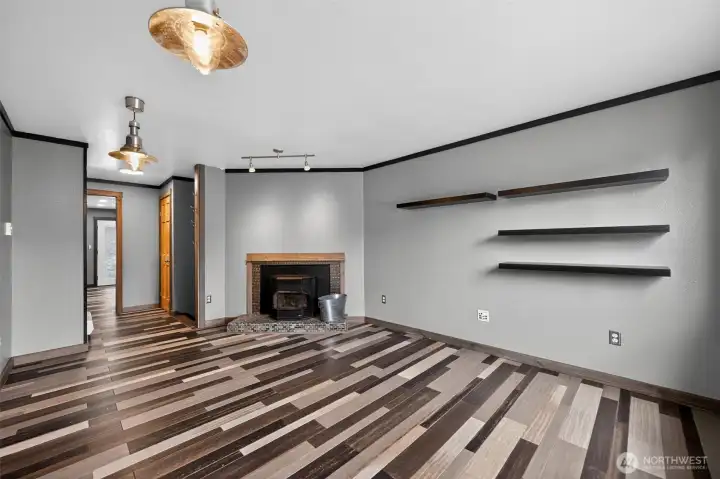 Living room with pellet stove.