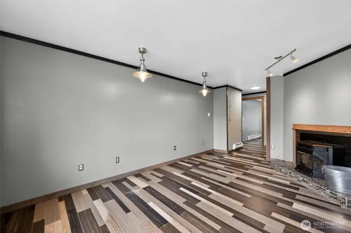 Engineered hardwood throughout home.