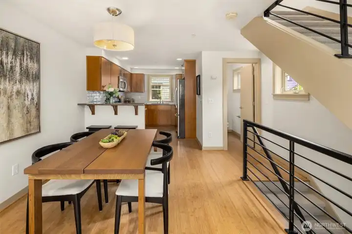 Designed for convenience and entertaining, the main level features open gathering spaces and a conveniently located powder room for guests.