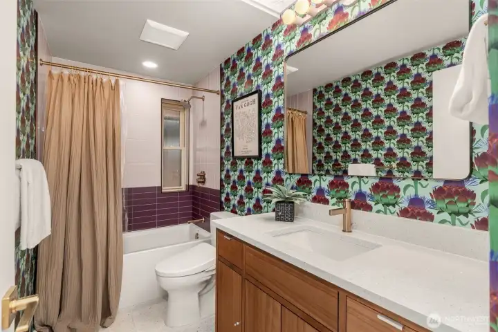 All bathrooms have been updated! Fully updated main level full bathroom - new vanity, shower, Toto toilet, fixtures, tile, lighting plumbing & electrical. Kate Blairstone wallpaper. All bathrooms have been updated! Fully updated main level full bathroom - new vanity, shower, Toto toilet, fixtures, tile, lighting plumbing & electrical. Kate Blairstone wallpaper.