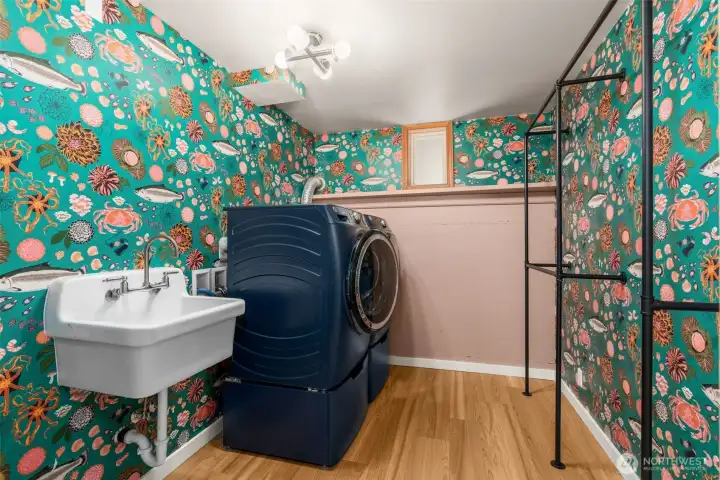 This wallpaper makes laundry day fun! Enjoy the new Sapphire Blue GE Profile washer & dryer This wallpaper makes laundry day fun! Enjoy the new Sapphire Blue GE Profile washer & dryer