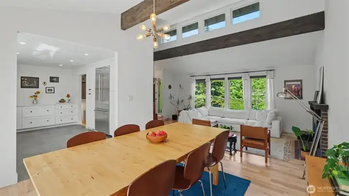 Seamless flow between the living room, dining room, and kitchen.