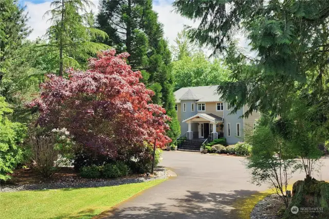 Down the winding driveway.