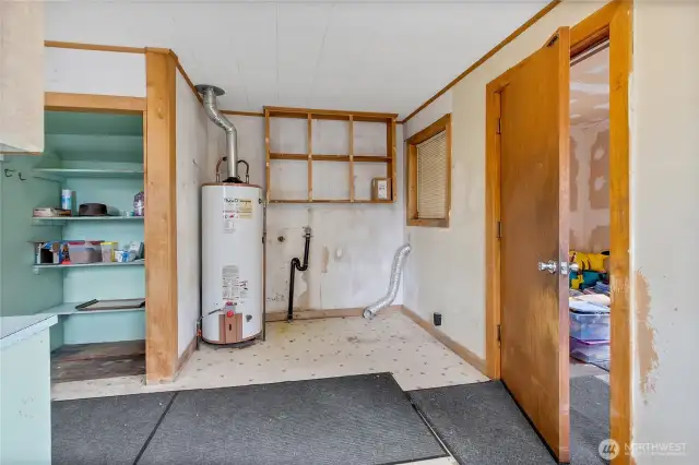 Gas water heater, laundry area, kitchen to the left, door to right is mudroom