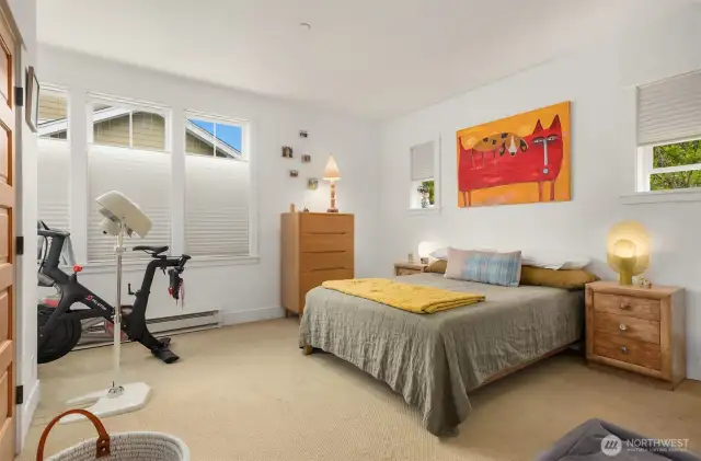 The spacious primary suite with giant walk-in closet and light pouring in from the west and north.