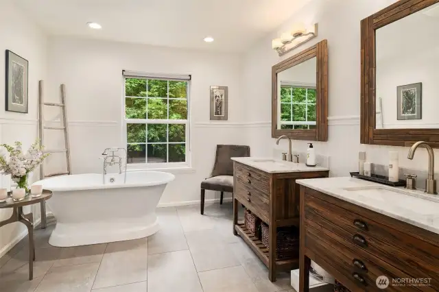 A fully remodeled five-piece primary bathroom designed for luxury and relaxation.