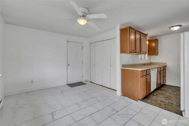 From Dining Room into Kichen and washer and dryer on left of Kitchen.