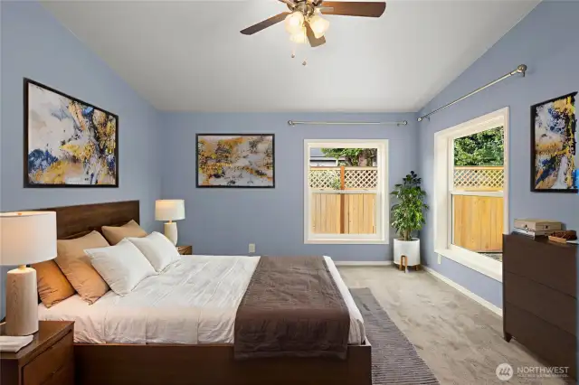 Virtually staged primary bedroom.