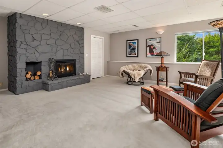 1 of two wood-burning fireplaces.