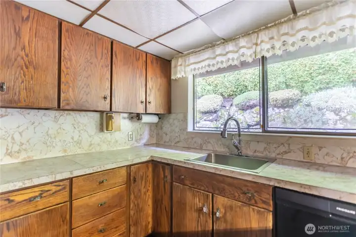 kitchen with backyard view