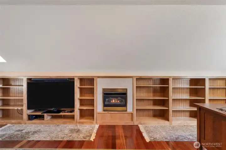 Bookshelves, gas fireplace and TV space with lots of storage access.