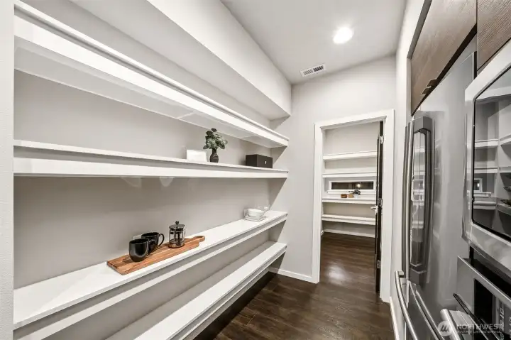 So much storage with open shelving and a closed door pantry