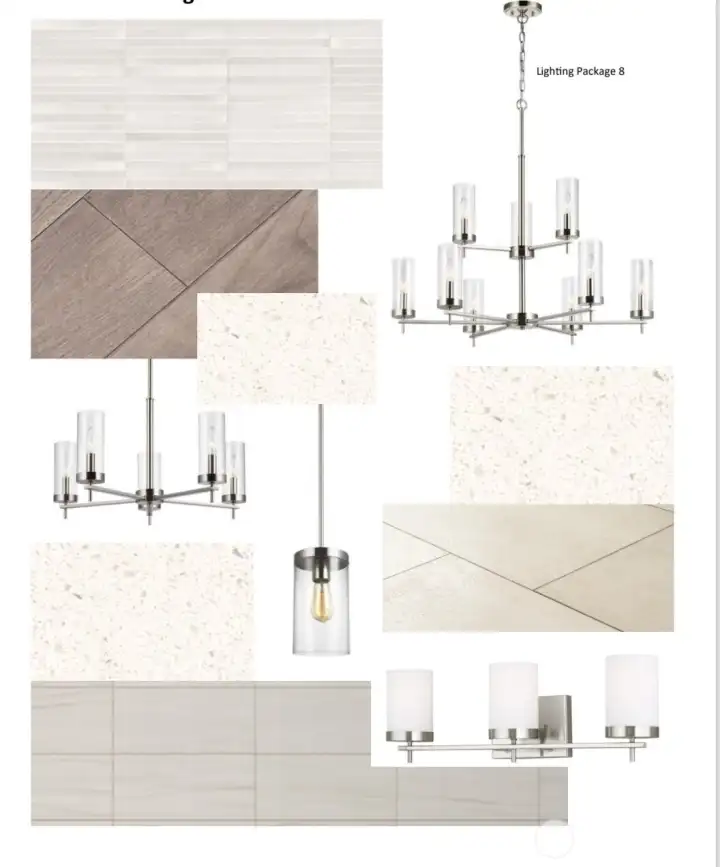 Counters, backsplashes, flooring and lighting that will be installed in home.