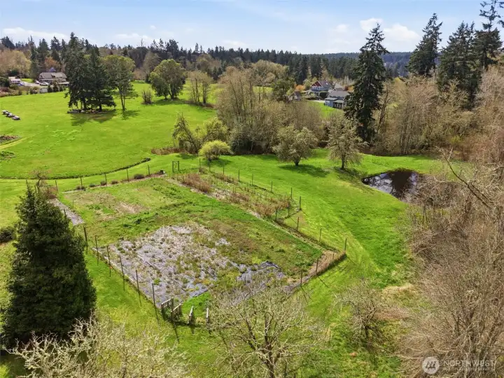 Organic, fenced garden with nearby pond