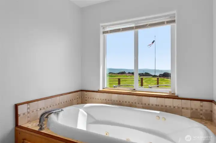 Jetted bath with a water view