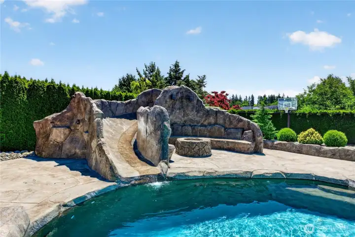 Pool rock slide.
