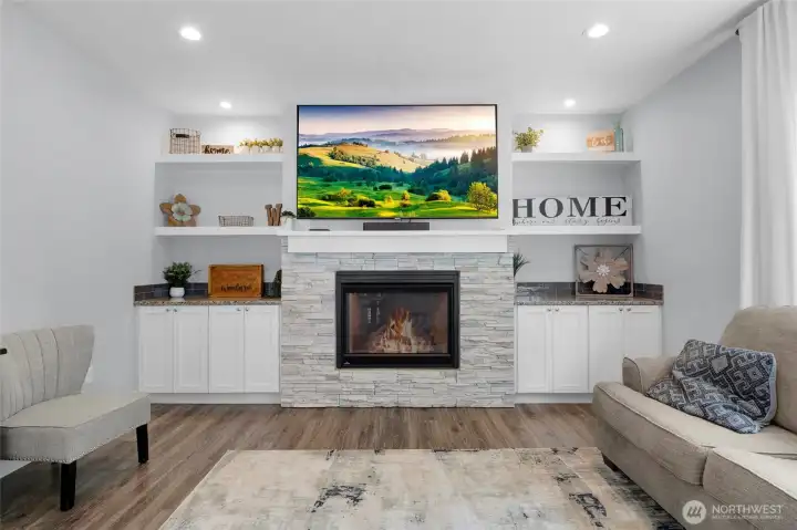 Gather around the cozy propane fireplace.