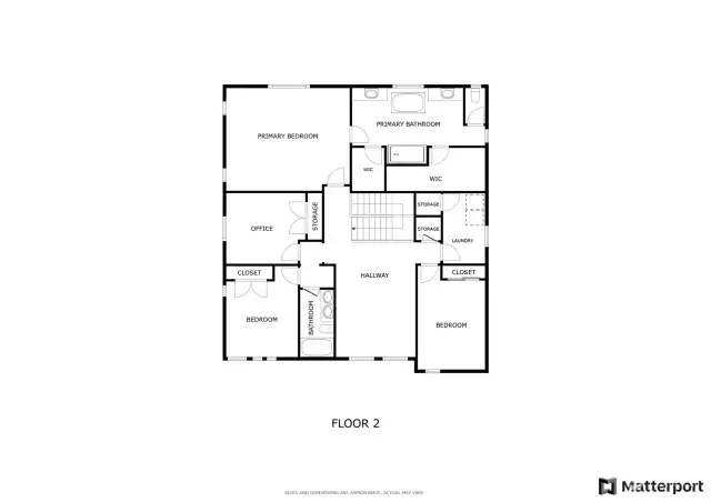 Matterport floor plan of the 2nd floor. The office shown here is officially a bedroom. The closets in the primary bathroom are about the same size, not as shown.  Everything else is pretty close to accurate.