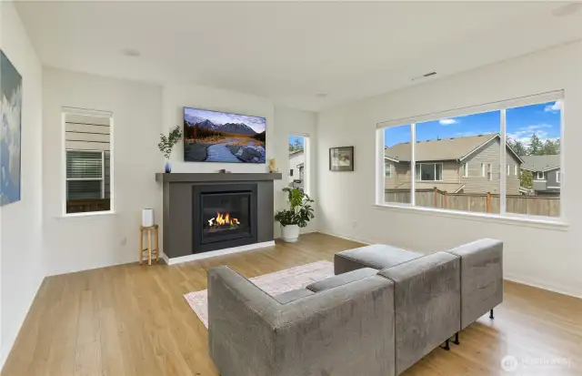 The living area part of the great room has a natural gas fireplace (not propane) and large window overlooking the backyard.