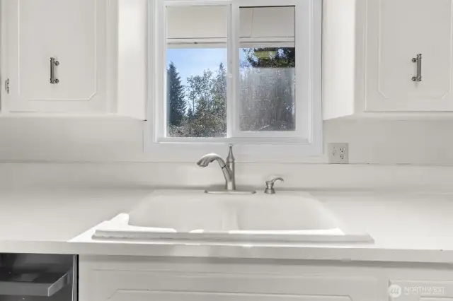 Double sink with views into the back yard.