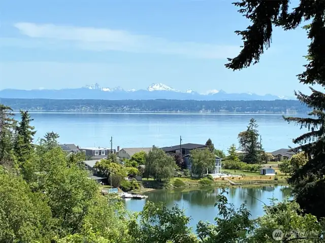 The view from the deck of the lagoon and mountains.