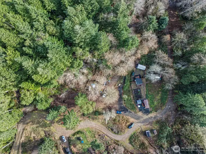 Aerial view showing the full 1-acre hillside layout with multiple leveled areas, established driveway access, cleared pads, and forested surroundings. Property backs directly to DNR land for added privacy.