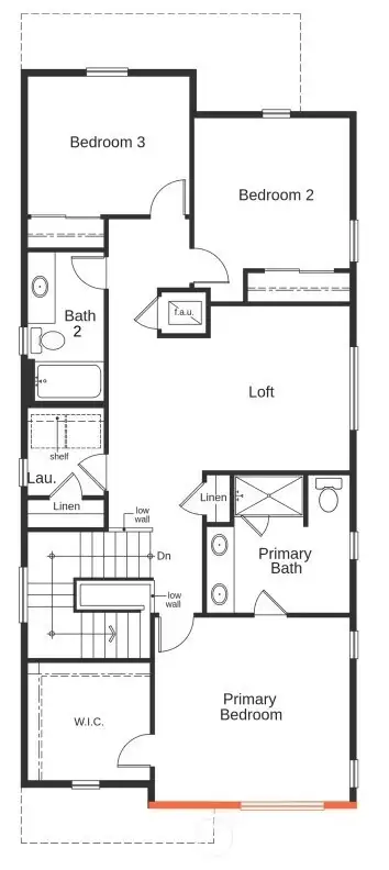 Artist Rendering only of 2nd floor, 1940 Plan. Bedroom in lieu of Loft space is Optional with this home. 3–5-bedroom options not shown.
