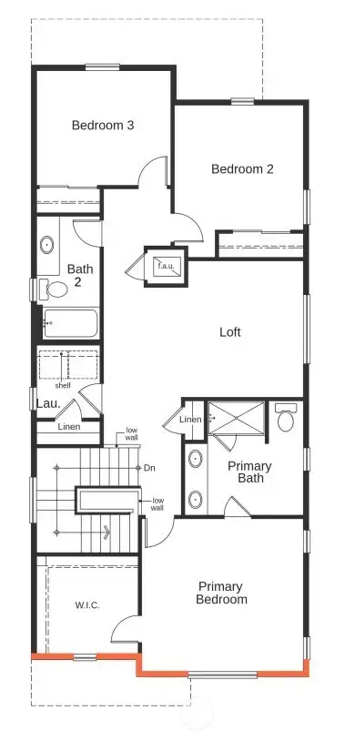Artist Rendering only of 2nd floor, 1940 Plan. Bedroom in lieu of Loft space is Optional with this home. 3–5-bedroom options not shown.