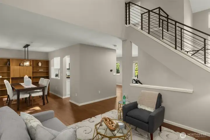 wrought iron railing, rich hardwoods