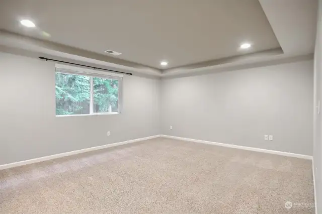 Primary bedroom with pan ceiling and recessed lighting for a more elegant look.