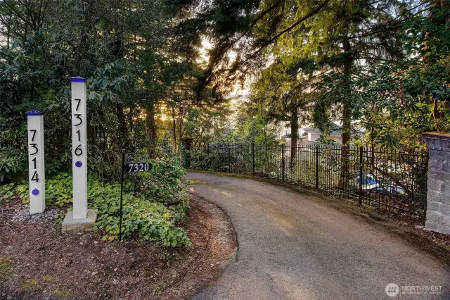 Tucked beneath a canopy of evergreens, the private drive winds gently down to 7314—a secluded approach that offers rare privacy and a quiet buffer from the world above. Flanked by heritage trees and dappled in golden light, this sylvan entry sets the tone for the estate’s tranquil presence on the hillside above Caledonia Cove.