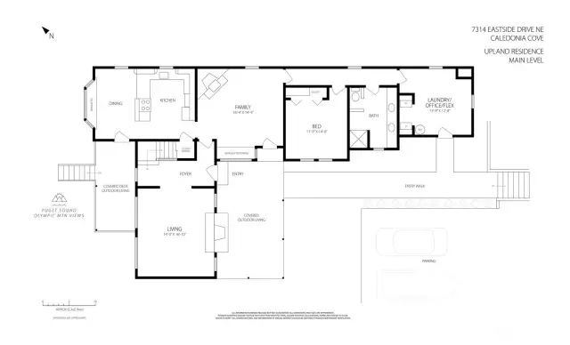 The main level of 7314 offers an ideal balance of openness and privacy—with primary living spaces oriented to capture Sound views, and a main-floor bedroom providing flexible use or universal accessibility. From the view-wrapped dining nook and central kitchen to the covered porch and heritage fireplace, every room connects to the land, light, and lifestyle of Caledonia Cove.